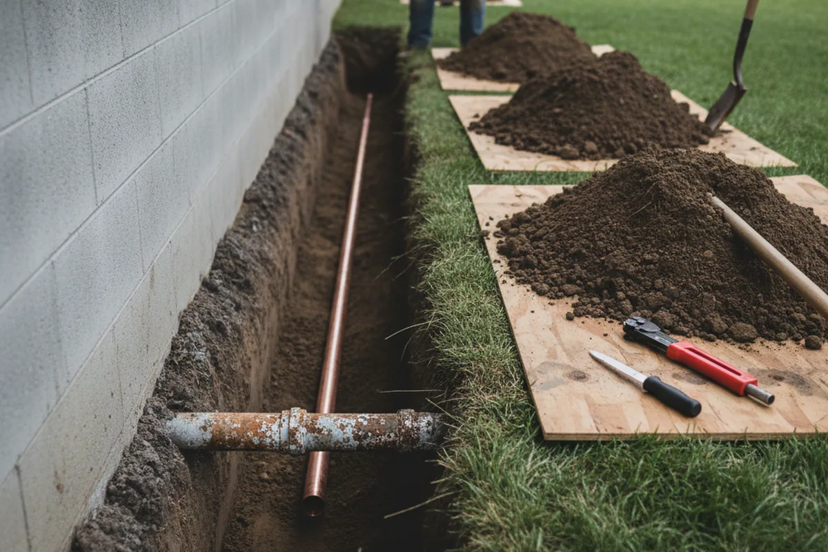Excavated water line trench during Water Heater Repair in Ruther Glen
